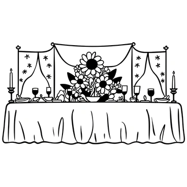 A long medieval banquet table is covered with a richly textured tablecloth. At the center of the table, a grand floral centerpiece is arranged, featuring large sunflowers and delicate lilies. Surrounding the centerpiece, ornate goblets and intricately designed plates are placed at each setting. Candles in wrought iron holders are positioned along the table, casting subtle shadows. The background includes banners hanging from the walls, adding to the atmosphere of a grand feast.