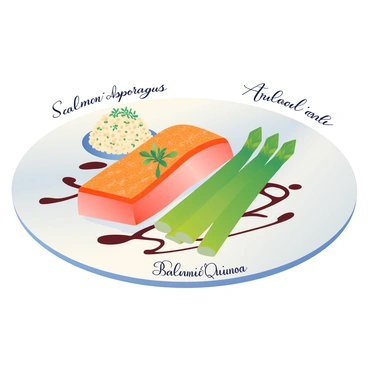 A beautifully arranged gourmet dish is displayed on a white plate. The main component is a perfectly seared salmon fillet with a golden crust. Beside it is a serving of vibrant asparagus spears, lightly drizzled with a balsamic reduction. A small pile of fluffy quinoa with herbs sits in one corner of the plate. Each ingredient is clearly labeled with elegant, cursive font: "Salmon," "Asparagus," and "Quinoa." The dish is garnished with fresh microgreens, adding a pop of color. A soft, muted background enhances the focus on the gourmet dish.