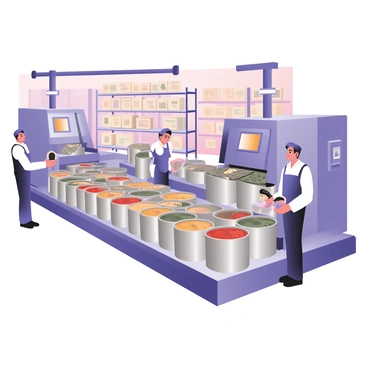 A food processing plant with rows of cans being filled with soup