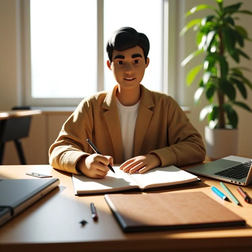 An entrepreneur with medium skin tone and short, neat hair is sitting at a sunlit wooden desk. The desk is cluttered with various stationery items, including a notebook, a pen, and a laptop. The entrepreneur is focused, writing down "goals" and "aspirations" in a leather-bound journal. Sunlight streams through a nearby window, casting warm light over the scene. A green plant sits in the corner of the desk, adding a touch of nature to the workspace. The atmosphere is one of productivity and motivation.