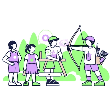 A group of children is practicing archery at a summer camp. In the center, a boy with a blue cap is drawing back his bowstring, focused on the target ahead. To his left, a girl with braided hair is watching intently, holding her bow with a smile of encouragement. Nearby, another child stands with a quiver of arrows strapped to their waist, preparing to take a shot. The background features wooden targets surrounded by trees, and a picnic table with archery gear can be seen off to the side. Each child is wearing comfortable summer clothes suitable for outdoor activities.