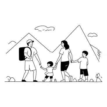 A family of four hiking on a narrow trail. The father is wearing a backpack and a baseball cap, leading the way with a smile. The mother, wearing a t-shirt and cargo shorts, is walking beside him and holding the hand of a young girl in a bright dress. The older boy, wearing a tank top and shorts, is walking a little ahead, looking back at his family with excitement. In the background, there are tall mountains with distinct peaks and a few scattered trees. The sky is clear with a few fluffy clouds. The trail is lined with rocks and patches of grass.