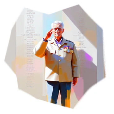 An elder veteran with gray hair and a weathered face stands proudly in front of a memorial wall. He is wearing a military uniform adorned with various medals and insignia, symbolizing his service. His right hand is raised in a salute, demonstrating respect and honor. The memorial wall behind him features engraved names and tributes, with soft lighting illuminating the names, casting gentle shadows. The scene conveys a sense of solemnity and reverence for those who have served.