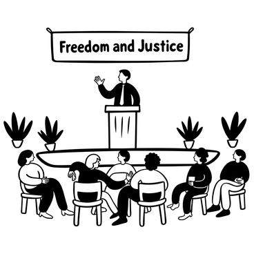 A man wearing a suit stands at a wooden podium, gesturing passionately. Behind him, a large banner displays the words "Freedom and Justice." In front of him, a diverse audience sits on wooden chairs, with a mix of individuals from various backgrounds, all focused on him. Some are taking notes, while others have their heads slightly leaned forward in interest. The room is filled with rows of chairs and a few potted plants on either side of the stage.