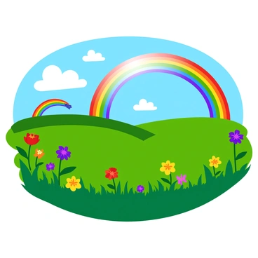 "Bright rainbows" arch gracefully above fields filled with "blooming wildflowers" in various colors. The wildflowers include vibrant reds, yellows, and purples, creating a lively contrast against the lush green grass. Each rainbow features distinct bands of color, ranging from red to violet, shining in the sunlight. The sky is a clear blue, enhancing the vividness of the scene. The overall composition captures the beauty and vibrancy of nature in full bloom.