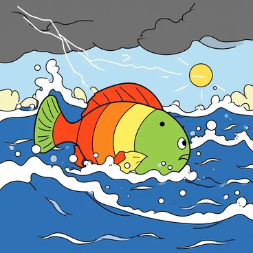 A vibrant rainbow fish with multicolored scales swimming through tumultuous waves in a stormy sea. The fish has large, expressive eyes and a determined expression. Dark gray clouds loom overhead, with flashes of lightning visible in the distance. The waves are tall and crashing, highlighting the movement of the water around the fish. Bubbles rise around it, adding to the sense of motion. In the background, hints of a sunny sky can be seen, contrasting with the stormy sea.