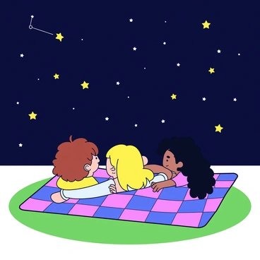 A group of friends lying on a blanket, stargazing under a clear night sky filled with stars.