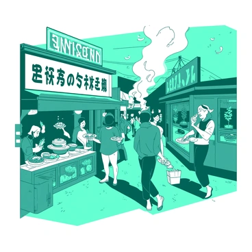 A teal street scene bustling with activity features various food stalls, each adorned with colorful banners and offerings. The stalls showcase a variety of foods, with steaming bowls of ramen, skewers of grilled meat, and vibrant fruit displays. In front of the stalls, diverse patrons eagerly sample the food, showcasing a mix of expressions from excitement to delight. Some patrons hold plates piled high with food, while others are engaged in cheerful conversations. The atmosphere is filled with the scent of delicious dishes and the sounds of laughter and chatter.