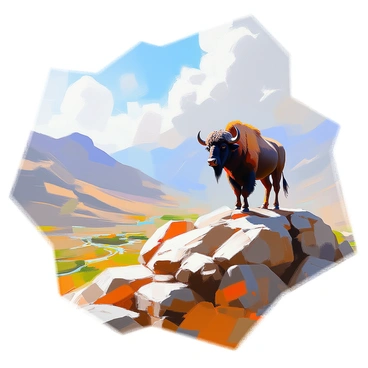 A powerful buffalo standing proudly at the peak of a rugged mountain. The buffalo has a thick, dark brown coat with a majestic set of curved horns. It gazes attentively over the vast valley below, which is dotted with patches of greenery and winding streams. The sky above is clear with a few wispy clouds, allowing sunlight to illuminate the scene. The rocky terrain beneath the buffalo’s feet contrasts with the vibrant foliage in the valley, creating a striking visual composition.