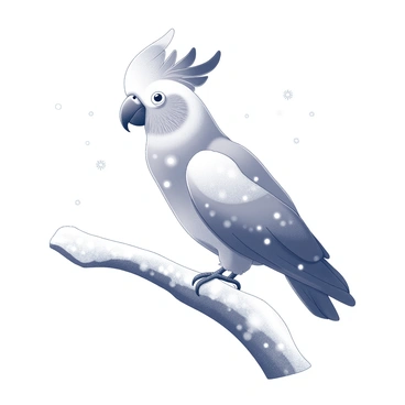 A cockatoo perched on a snow-covered branch with snowflakes falling