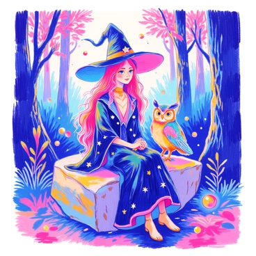 A witch with long flowing hair is sitting on a large, weathered stone. She is wearing a dark robe adorned with silver stars and a pointed hat. Beside her, there is a mystical owl with shimmering feathers that reflect shades of blue and green. The owl is perched calmly on the witch's shoulder, its large, round eyes observing the surroundings. The background features a dense forest with tall trees and soft, dappled light filtering through the leaves. A few glowing orbs hover nearby, adding to the magical atmosphere.