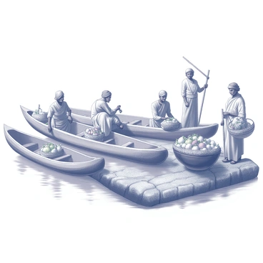 A scene depicting several traders in dugout canoes on a river. Each canoe is crafted from a single log, showcasing their elongated shape. The traders are engaged in the exchange of various goods, such as baskets filled with fruits and spices. They are wearing traditional attire, which includes woven fabrics and accessories. The riverbanks are lined with lush vegetation, providing a natural backdrop to the activity. The water reflects the shapes of the canoes, adding a dynamic element to the composition.