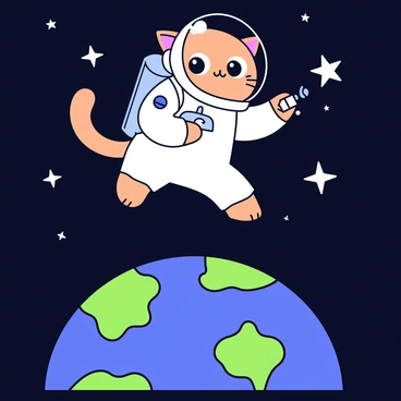 A cartoon illustration of a cat dressed in a white astronaut suit, floating in space. The cat has big round eyes and a small astronaut helmet with a transparent visor. In its paw, it holds a small communication device, sending signals back to Earth. Below, a stylized image of Earth is visible, showing blue oceans and green landmasses. Several stars twinkle in the deep black space around the cat, adding to the cosmic atmosphere. The scene captures a playful interaction between the cat and mission control.