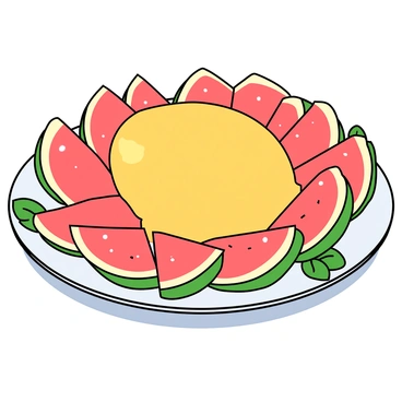 A round white plate is filled with vibrant guava slices, showcasing a mix of pink, yellow, and green hues. The slices are neatly arranged in a circular pattern, with the pink slices on the outer edge and the yellow slices in the center. Each slice displays a glossy surface, catching the light beautifully. There are a few small, scattered mint leaves around the edges of the plate, adding a touch of green contrast. The background is softly blurred, emphasizing the colorful guava presentation.