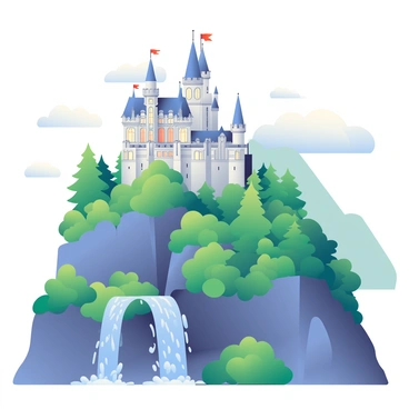 A majestic castle with tall spires and intricate stonework is perched on a steep cliff. The castle has large, arched windows and banners fluttering from its towers. Surrounding the castle are dense, lush green forests filled with a variety of trees. Below the cliff, several waterfalls cascade down, creating shimmering pools of water. The scene is illuminated by soft, diffused light, enhancing the vibrant colors of the foliage and the sparkling water. Fluffy white clouds drift across the sky, adding depth to the serene landscape.