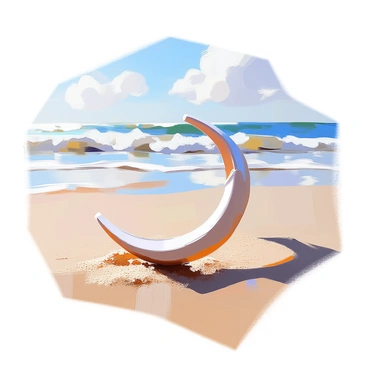 A wishbone is lying on a sandy beach, its surface smooth and pale in color. The fine grains of sand surrounding it vary in shades of beige and light brown. In the background, soft waves roll in gently, creating a light foamy edge as they reach the shore. The water is clear and reflects the sunlight, giving it a shimmering appearance. The sky above is bright and clear with a few wispy clouds, casting a serene atmosphere over the scene.