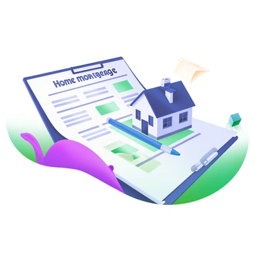 A set of home mortgage papers spread out on a flat surface. A small model house, detailed with windows and a door, is placed on top of the papers. The house is painted in soft colors, matching the overall theme. A pen lies nearby, positioned as if it was recently used, adding to the scene's realism. The background is subtly blurred to keep the focus on the mortgage papers and the model house.