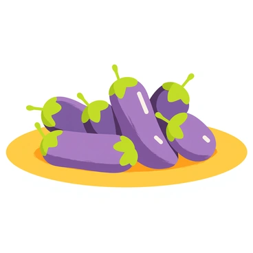 A whimsical collection of candies shaped like tiny "aubergines". Each candy has a glossy purple coating with green tops resembling the leaves of an aubergine. The candies are arranged artistically on a vibrant yellow plate. Some candies are stacked on top of each other, while others are scattered, creating a playful and inviting display. The background is filled with soft pastel colors to enhance the cheerful atmosphere.