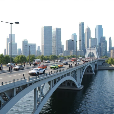 A bustling city bridge made of steel and concrete, featuring intricate architectural details. The bridge is filled with a variety of vehicles including cars, buses, and bicycles moving in both directions. On the pedestrian walkway, people from diverse backgrounds are walking, some are chatting, while others are taking photos of the scenery. The river below reflects the bright sunlight, with small waves gently rippling. In the background, tall skyscrapers rise against the sky, showcasing a mix of glass and modern design. Traffic lights and streetlamps line the sides of the bridge, adding to the urban atmosphere.
