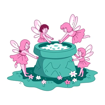 A teal wishing well is nestled in a lush green meadow, surrounded by a circle of delicate pink fairies. Each fairy has translucent wings and is holding a small, glowing orb representing their wishes. The well has ornate carvings, and water gently bubbles from its depths. The fairies are positioned in various playful poses, some with hands clasped in front of their chests, others reaching towards the well. Tiny flowers in shades of pink and white bloom around the base of the well, enhancing the enchanting atmosphere.