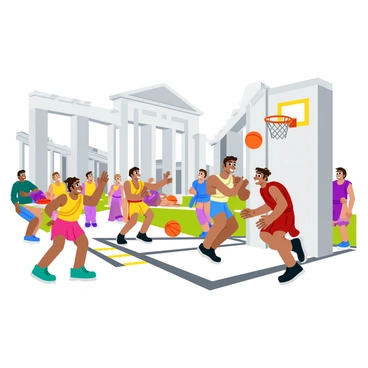 Ancient Romans playing basketball in a forum with modern equipment.