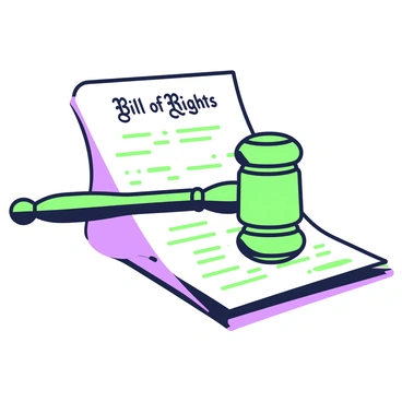 A close-up of a gavel resting on the "Bill of Rights" document. The gavel is made of polished wood, showcasing its smooth surface and rounded head. The "Bill of Rights" document is partially visible beneath the gavel, with its text clearly legible, featuring the main amendments outlined in distinct sections. The scene is focused on the texture of the gavel and the intricate details of the paper, highlighting the significance of the document. A subtle layering effect enhances the visual depth between the gavel and the document.