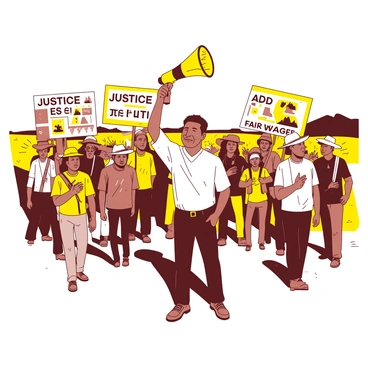 A yellow landscape is filled with farm workers gathered together for a peaceful protest. In the center, "Cesar Chavez" stands confidently, holding a megaphone high, his expression focused and determined. Surrounding him are numerous workers, each holding signs that read "Justice for All" and "Fair Wages," with colorful illustrations representing their cause. The workers are of diverse backgrounds, wearing hats and casual clothing suitable for a sunny day. The atmosphere conveys unity and purpose as the group stands together in solidarity.