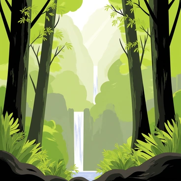 A deep forest filled with tall, green trees that stretch high into the sky. The forest is shrouded in a thick layer of mist that creates a mysterious atmosphere. In the background, a hidden waterfall cascades down rocky cliffs, with water sparkling as it flows into a clear pool below. Ferns and small plants grow abundantly around the base of the trees, adding lush greenery to the scene. Sunlight filters through the treetops, casting soft rays of light onto the forest floor.