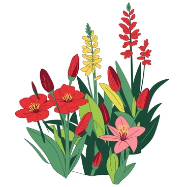 A vibrant garden filled with various flowers in different stages of blooming is depicted. The scene captures a series of flowers in bright shades of red and yellow. In the foreground, there are several buds gradually opening up to reveal their full petals. The background features taller flowers with fully open blossoms swaying gently. Sunlight filters through, casting soft shadows and enhancing the colors of the flowers, creating an inviting atmosphere.