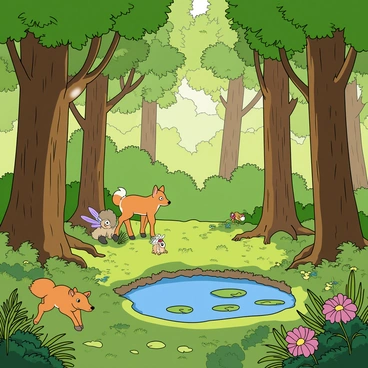A dense forest filled with towering, vibrant green trees with thick trunks and lush canopies. Sunlight filters through the leaves, casting dappled shadows on the forest floor, which is covered in soft moss and various colorful flowers. Inhabitants of the forest include a small, round creature with large, expressive eyes and fluffy fur, perched on a branch. Nearby, a graceful, ethereal fairy flits around, her delicate wings shimmering with hues of blue and purple. A playful fox with a bushy tail sneaks through the underbrush, while a gentle deer stands peacefully, surrounded by ferns. A small pond reflects the surrounding beauty, with lily pads floating on the surface. The atmosphere is filled with a sense of wonder and magic.