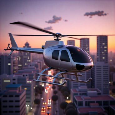 An R66 helicopter, with sleek metallic surfaces reflecting the colors of twilight, is hovering above a bustling cityscape. The helicopter has its blades spinning gently, creating a sense of movement. Below, the city is alive with activity; streets are filled with cars, their headlights illuminating the asphalt, and pedestrians are visible on the sidewalks. Tall buildings with illuminated windows reach towards the sky, showcasing a mix of modern architecture. The sky transitions from deep orange to purple, with wispy clouds scattered across the horizon, adding depth to the scene.