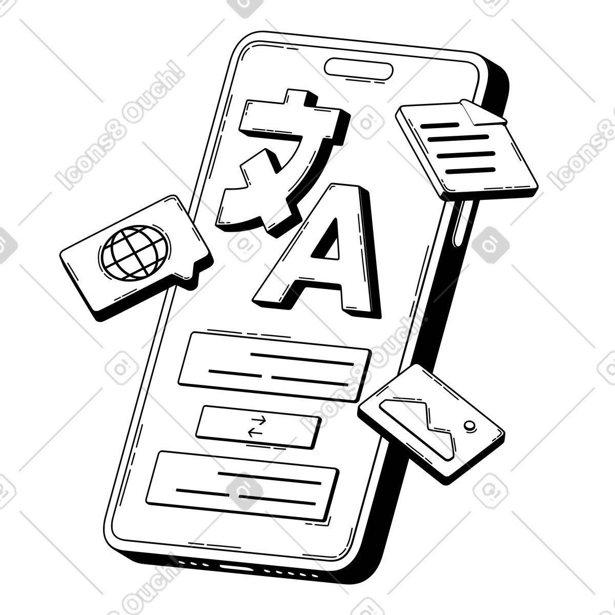 Illustration animée Interface utilisateur de traduction en ligne sur mobile, application multilingue pour la instantanée dans le style 3D Techny Line à télécharger aux formats GIF, Lottie (JSON), AE