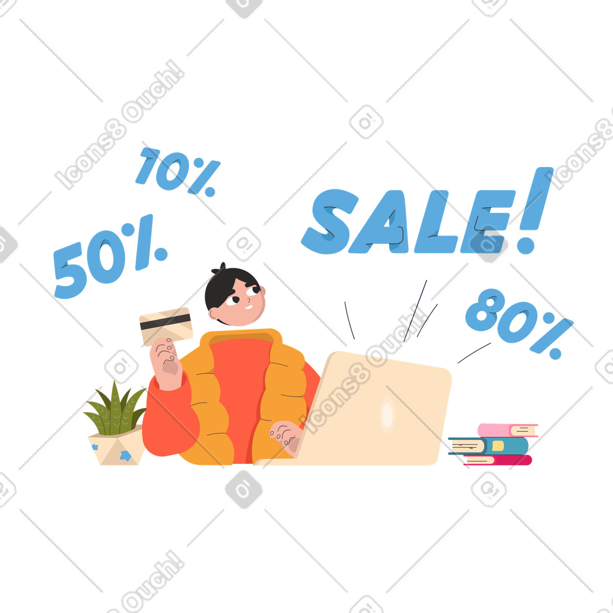 Ilustración Notificación de venta con porcentajes desde la computadora portátil. en estilo Dizzy a descargar en PNG y SVG