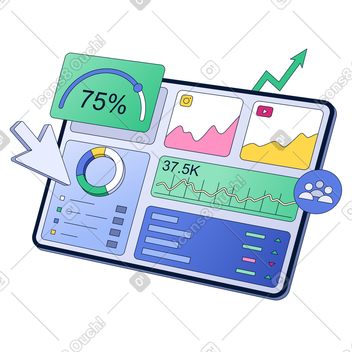 Social media analytics dashboard monitoring followers engagement and content performance trends-Illustration im Neat-Stil als Download in PNG, SVG