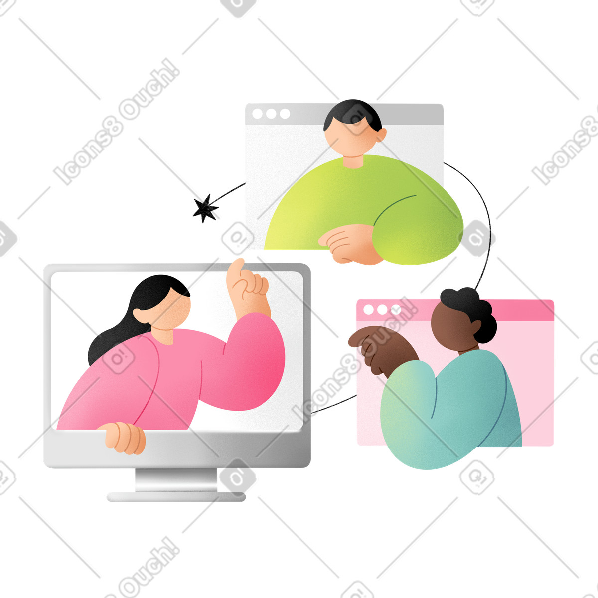 Illustration Digital workspace communication via live video chat windows dans le style Joy à télécharger aux formats PNG, SVG