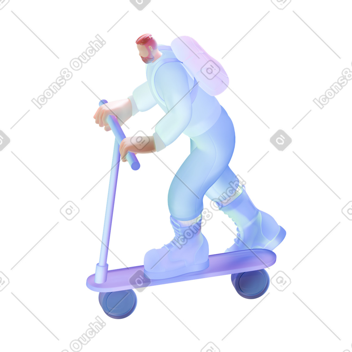 Kurierfahrer mit rucksack auf tretroller animierte Illustration im 3D Airy-Stil als Download in GIF, Lottie (JSON), AE