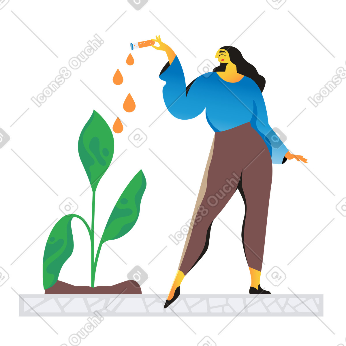 Ilustración Mujer usando fertilizante biotecnológico en una planta estilo Jaconda a descargar PNG y SVG