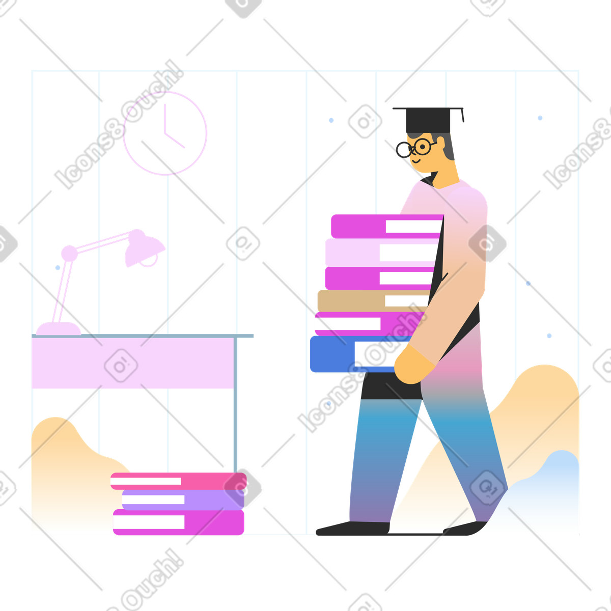 Ilustración Hombre llevando una pila de libros al escritorio en estilo Marginalia a descargar en PNG y SVG