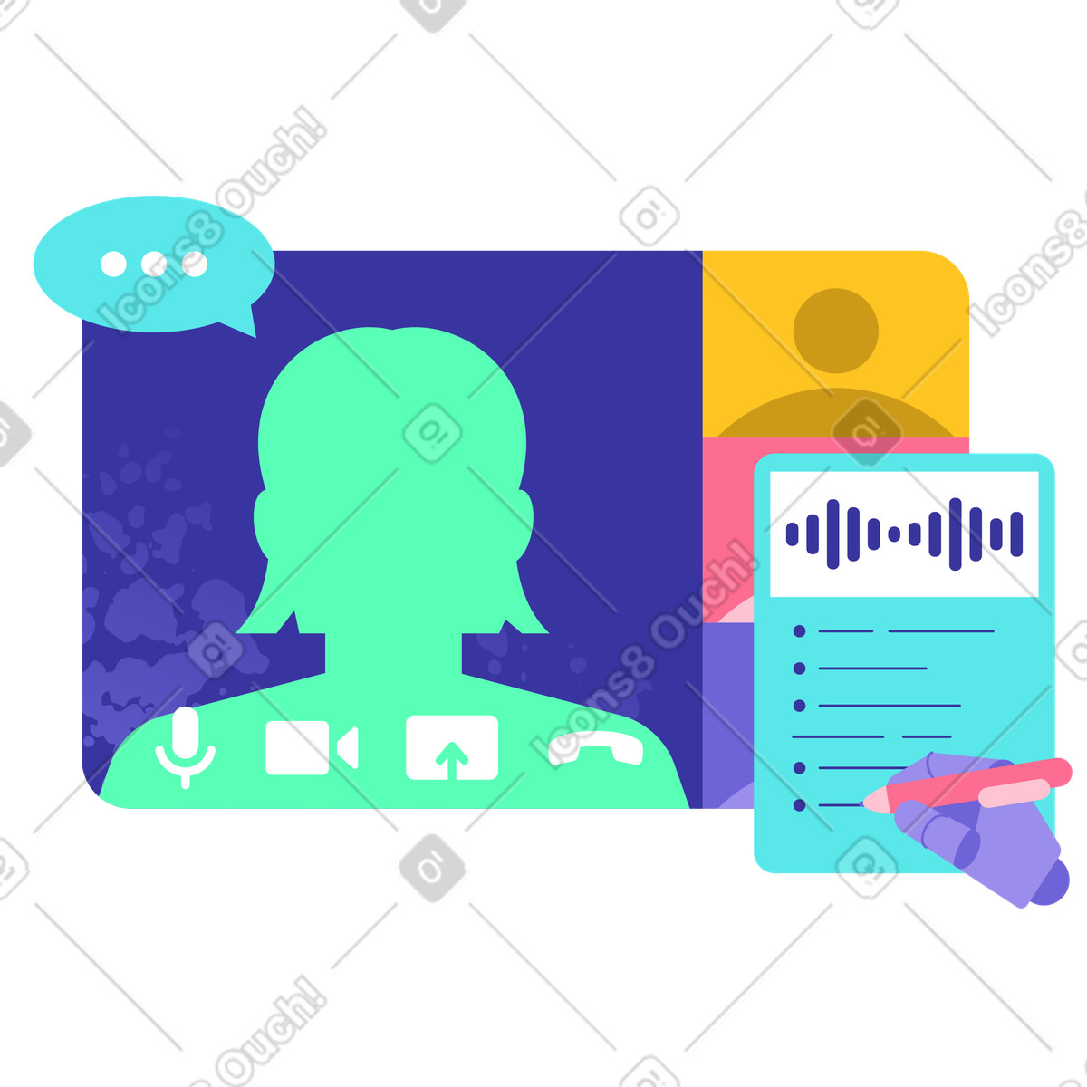 Online meeting with ai note-taker, Real-time meeting summarization illustration in PNG, SVG