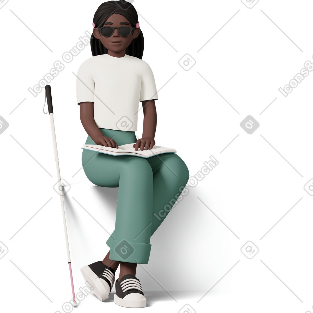 Illustration Blind girl sitting and reading book dans le style 3D Casual life à télécharger aux formats PNG, SVG