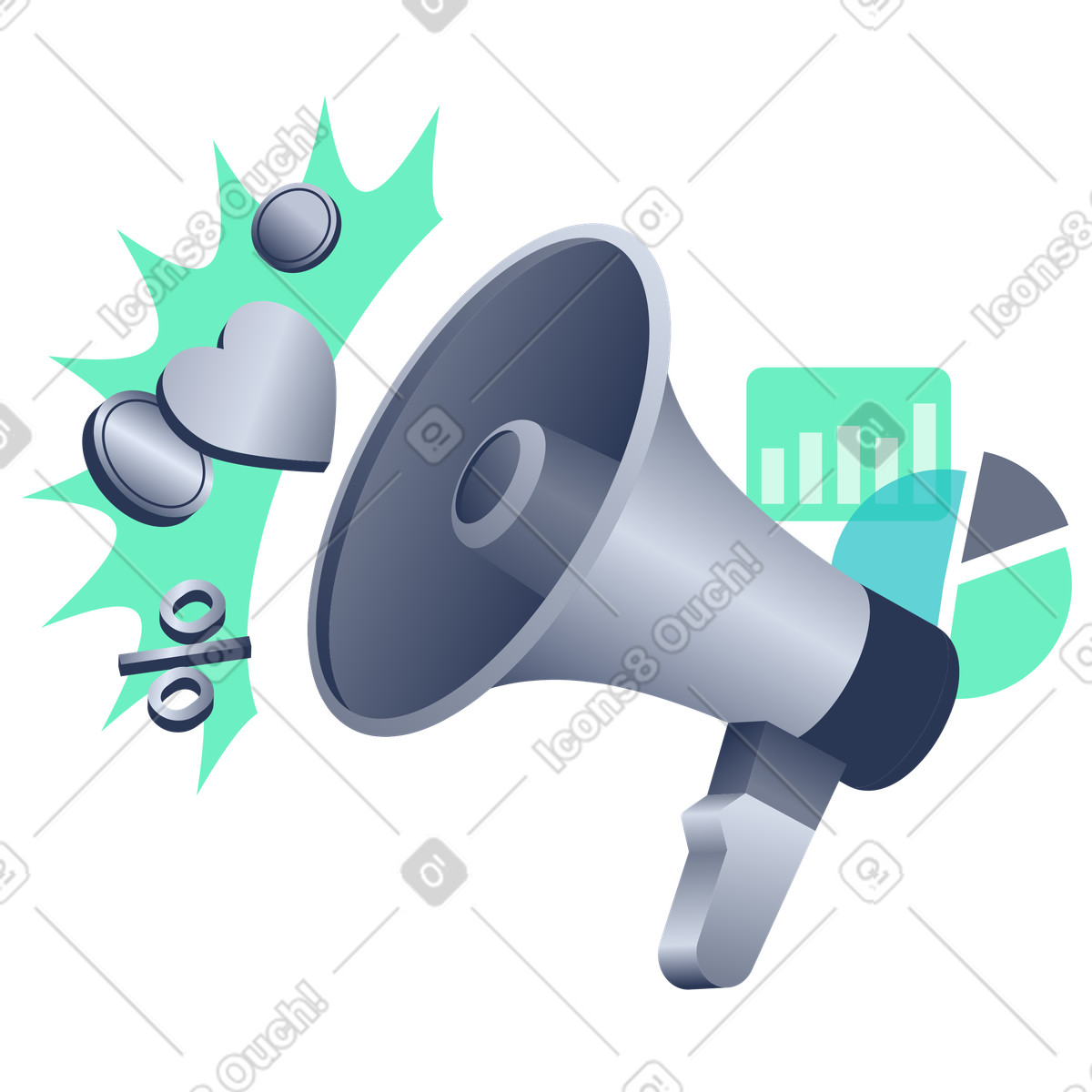Megaphone with marketing icons, Online advertising and outreach illustration in Lucent style download in PNG, SVG