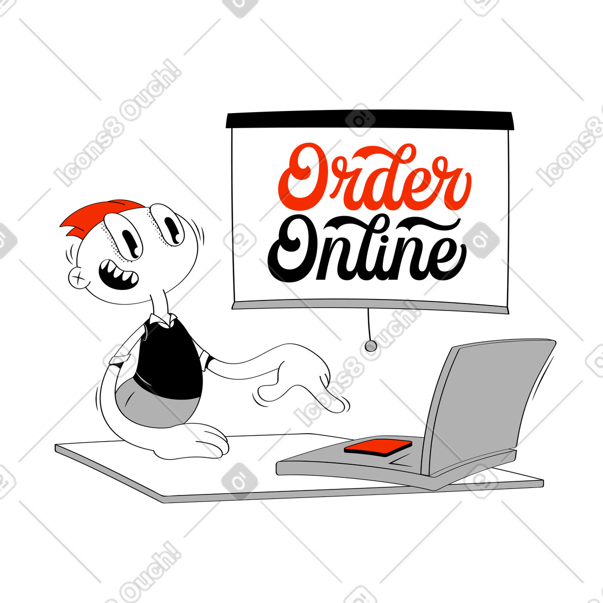 Shopping via laptop, Order online lettering, E-commerce and digital illustration in Looney style download in PNG, SVG
