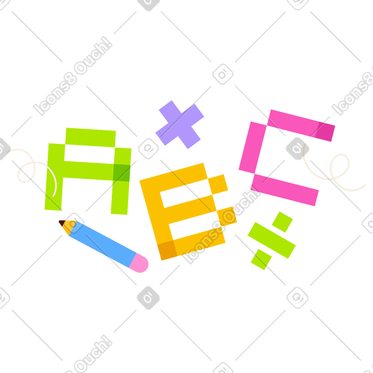 Lettering ABC with math signs and pencil text illustration in 8bit style download in PNG, SVG