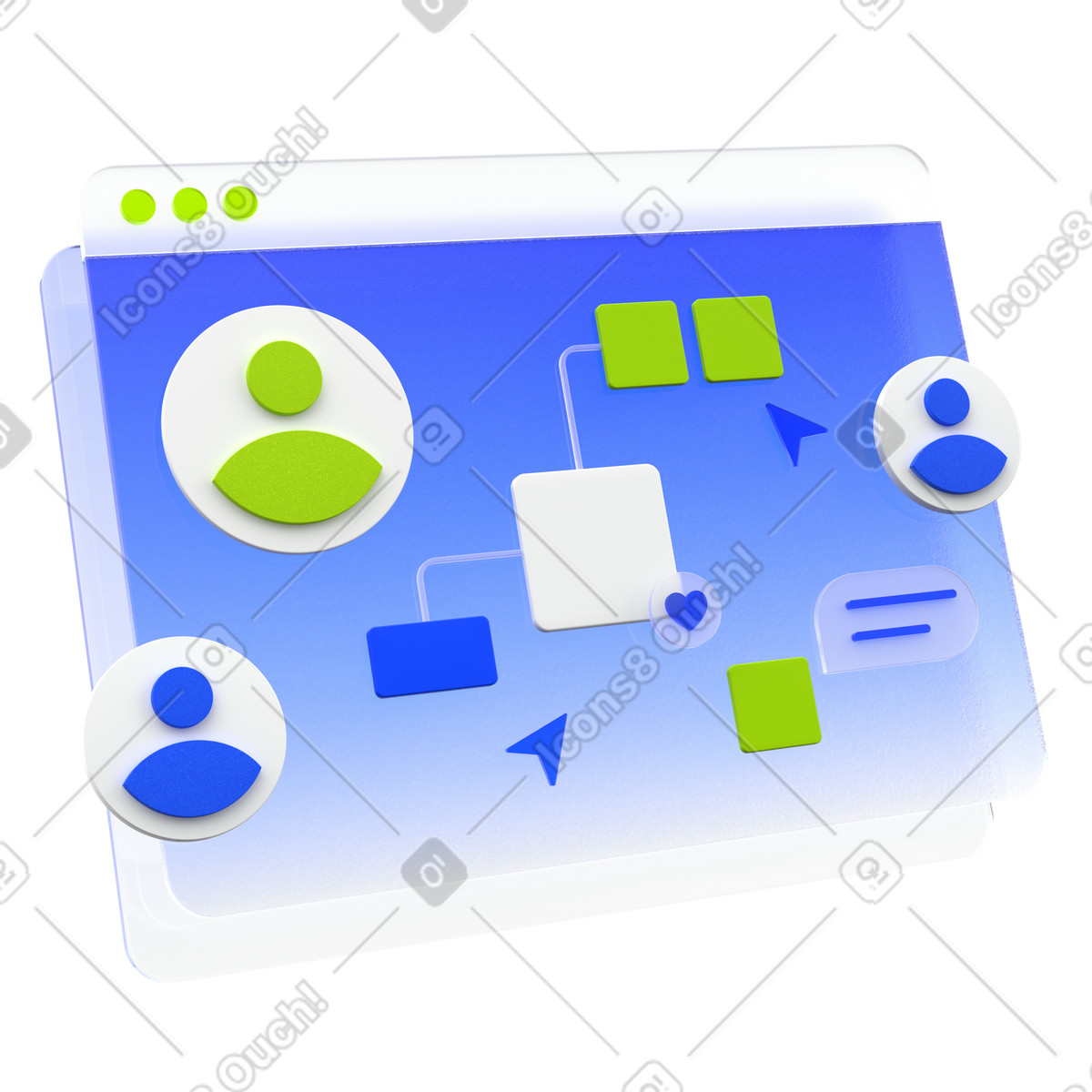 Ilustração de Diagrama de fluxo com usuários e interface do usuário, mapeamento do fluxo de trabalho do projeto, planejamento de equipe remota, sistema de colaboração visual em PNG e SVG