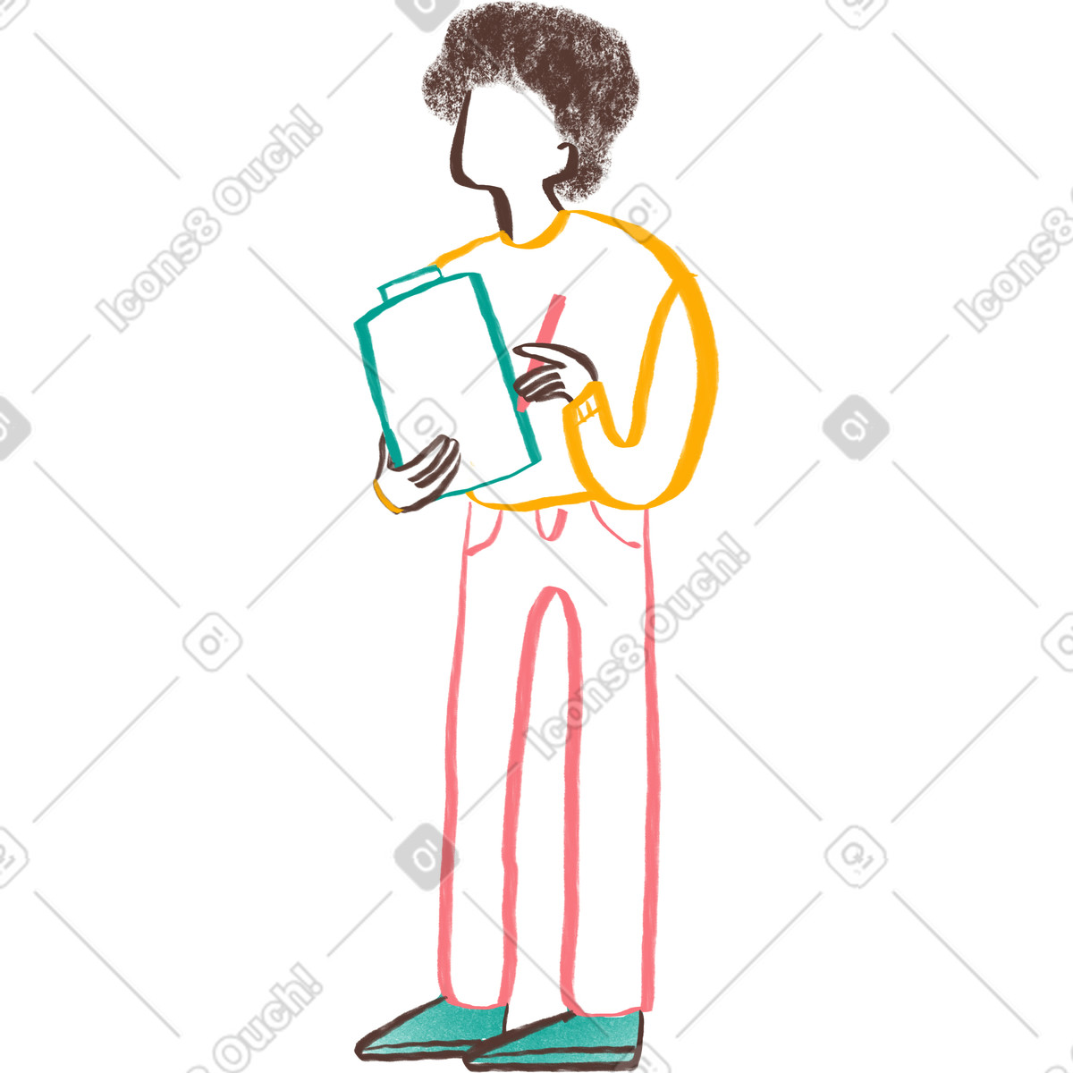 Person with curly hair writing in a notepad illustration Company style download PNG, SVG