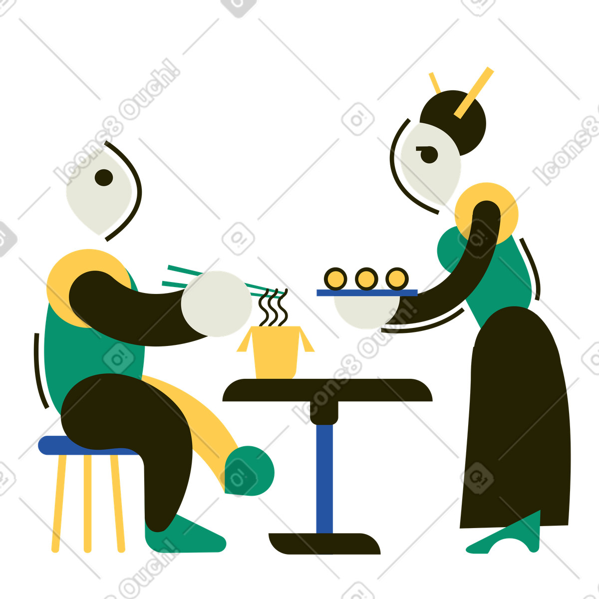 Cameriera che porta cibo a un uomo in bar di cucina cinese illustrazione stile Spot scarica PNG, SVG