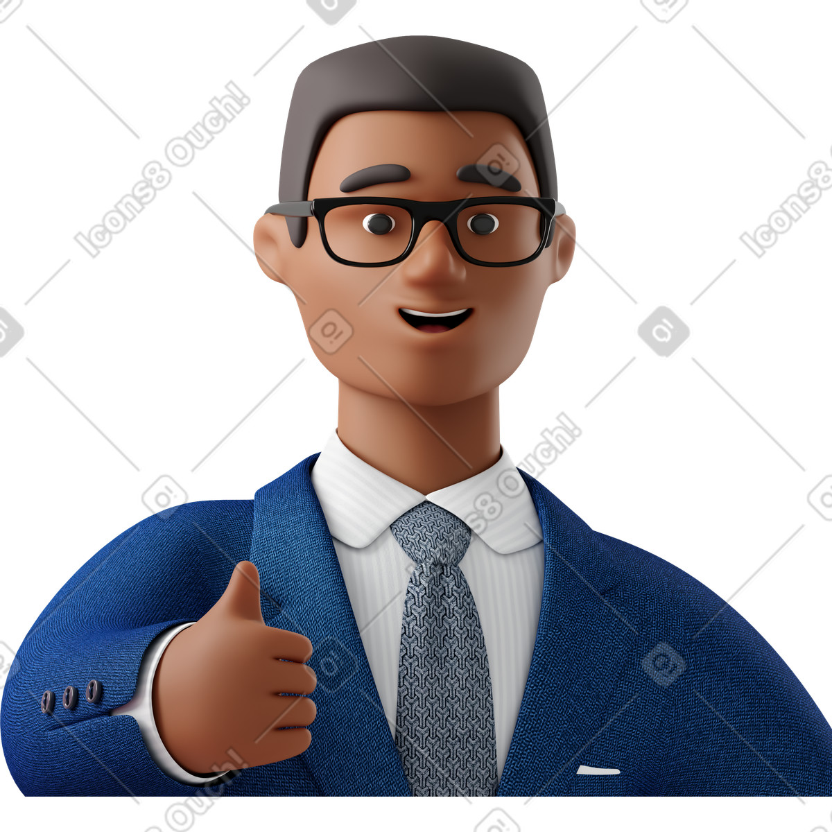 3D Business スタイルの Close up of black businessman in blue suit giving thumbs のイラストをPNG、SVG形式でダウンロード