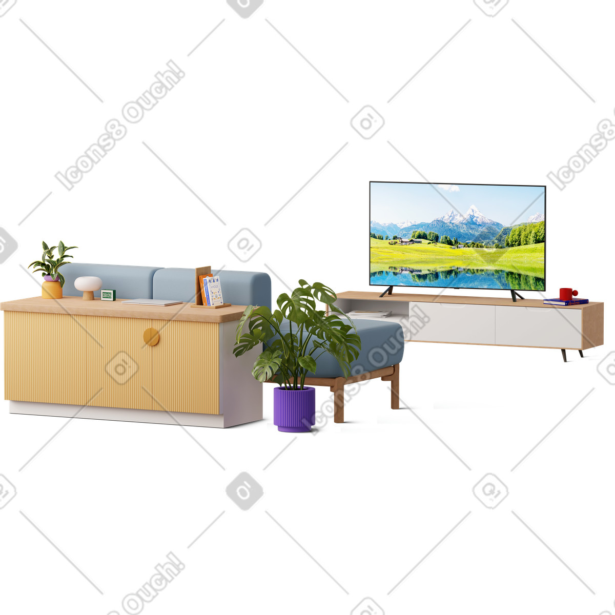 Ilustración Front view of sofa tv set and laptop en estilo 3D Hygge a descargar en PNG y SVG