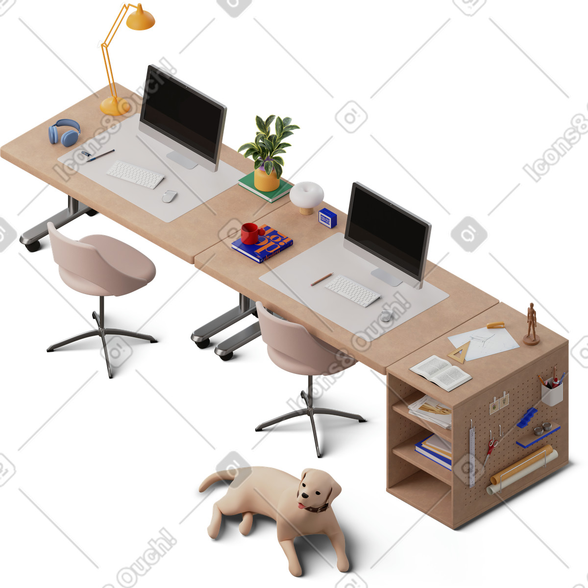 Ilustración Vista isométrica del escritorio de oficina estudio arte y perro en estilo 3D Hygge a descargar en PNG SVG