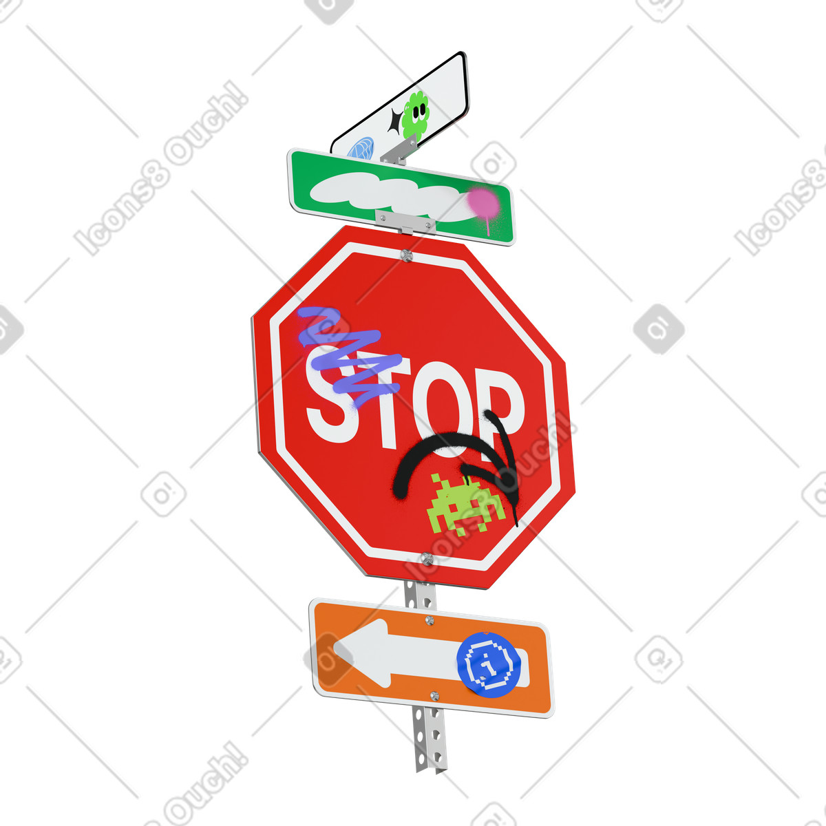 Stop sign with stickers illustrazione in stile 3D Stickle scarica in PNG, SVG